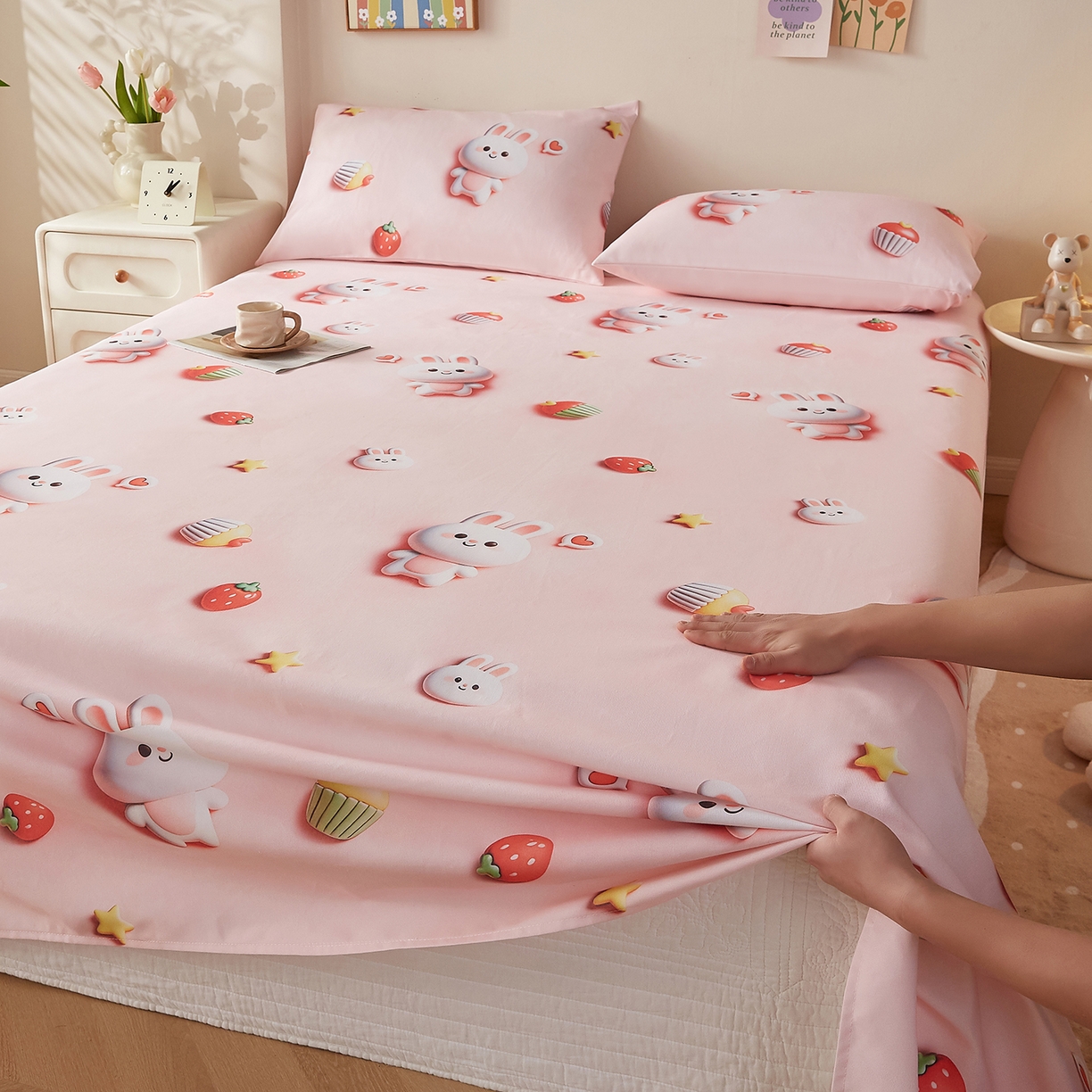 91家纺网 家纺一手货源 找家纺 奇丝雅 2026新款数码印花5D加厚老粗布床单单件双人家用特厚被单三件套学生宿舍床单凉席 粉甜兔宝