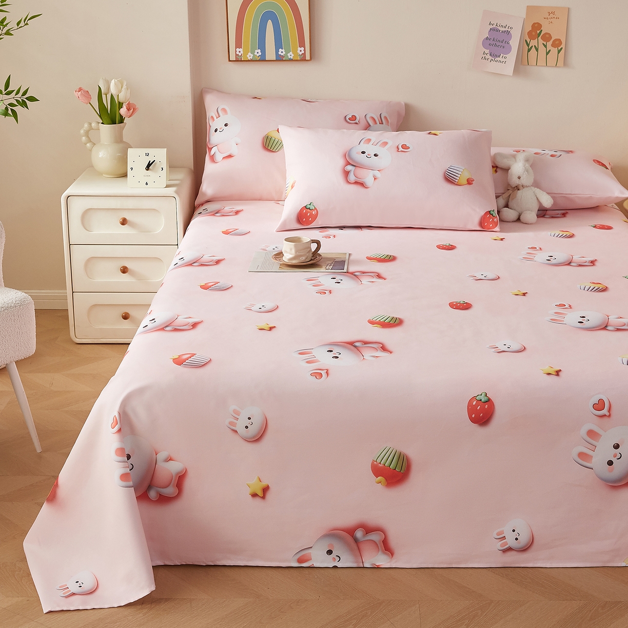 91家纺网 家纺一手货源 找家纺 奇丝雅 2026新款数码印花5D加厚老粗布床单单件双人家用特厚被单三件套学生宿舍床单凉席 粉甜兔宝