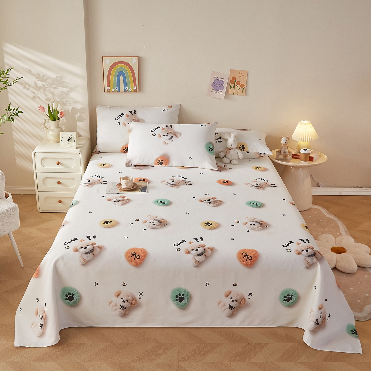 91家纺网 家纺一手货源 找家纺 奇丝雅 2026新款数码印花5D加厚老粗布床单单件双人家用特厚被单三件套学生宿舍床单凉席 小可爱