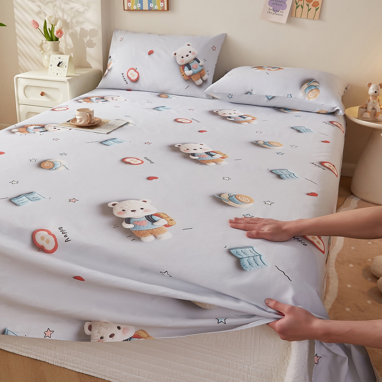 91家纺网 家纺一手货源 找家纺 奇丝雅 2026新款数码印花5D加厚老粗布床单单件双人家用特厚被单三件套学生宿舍床单凉席 学士熊