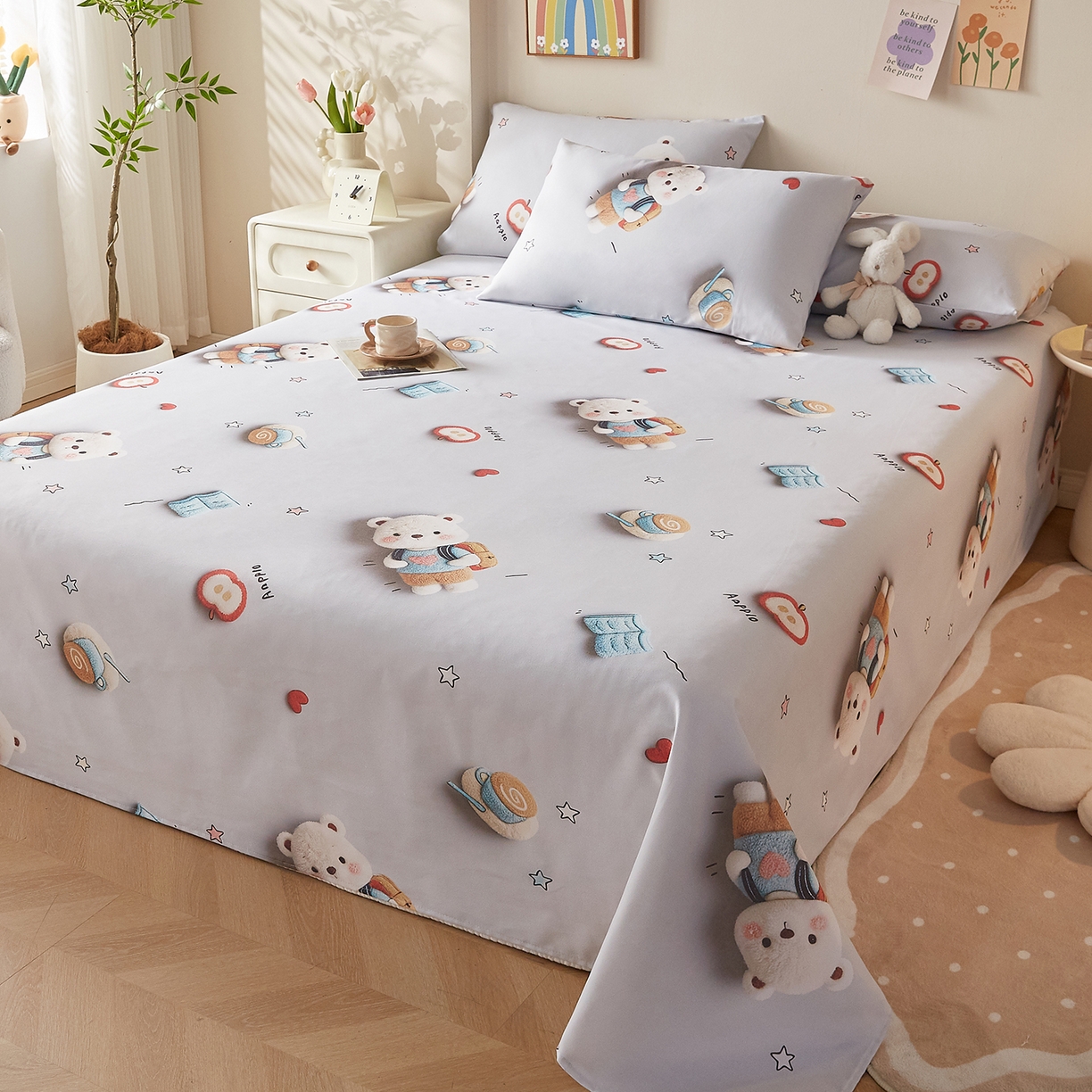 91家纺网 家纺一手货源 找家纺 奇丝雅 2026新款数码印花5D加厚老粗布床单单件双人家用特厚被单三件套学生宿舍床单凉席 学士熊