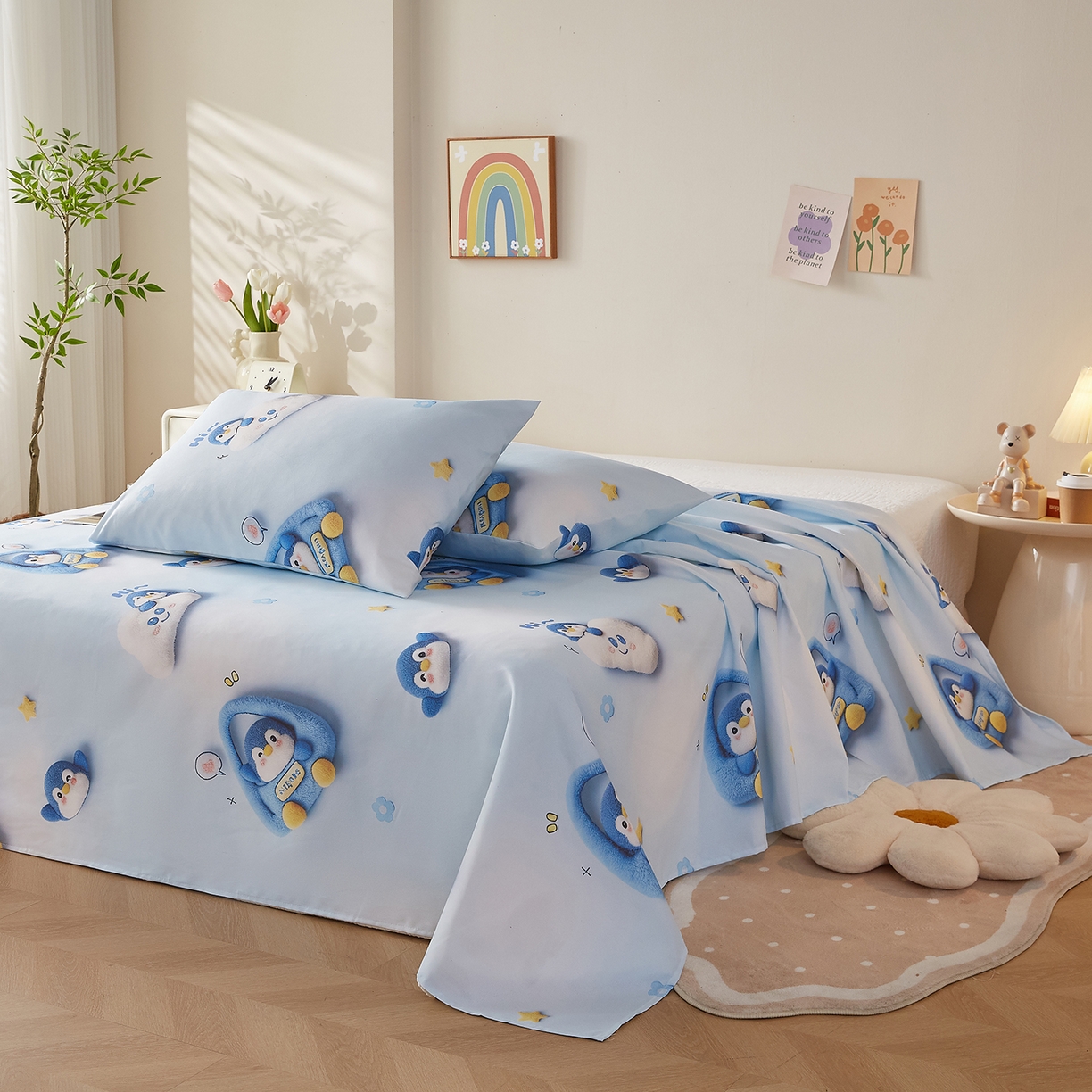 91家纺网 家纺一手货源 找家纺 奇丝雅 2026新款数码印花5D加厚老粗布床单单件双人家用特厚被单三件套学生宿舍床单凉席 星眠企鹅