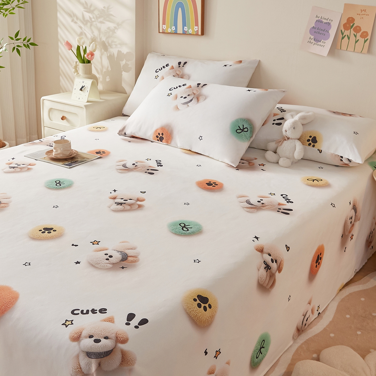 91家纺网 家纺一手货源 找家纺 奇丝雅 2026新款数码印花5D加厚老粗布床单单件双人家用特厚被单三件套学生宿舍床单凉席 小可爱