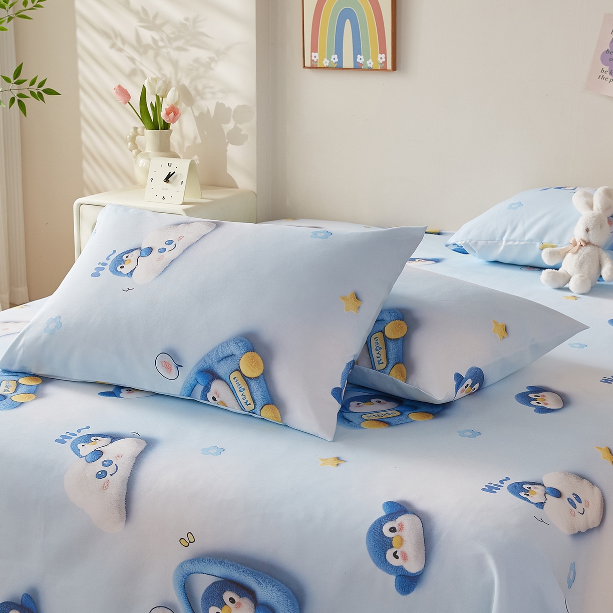 91家纺网 家纺一手货源 找家纺 奇丝雅 2026新款数码印花5D加厚老粗布床单单件双人家用特厚被单三件套学生宿舍床单凉席 星眠企鹅