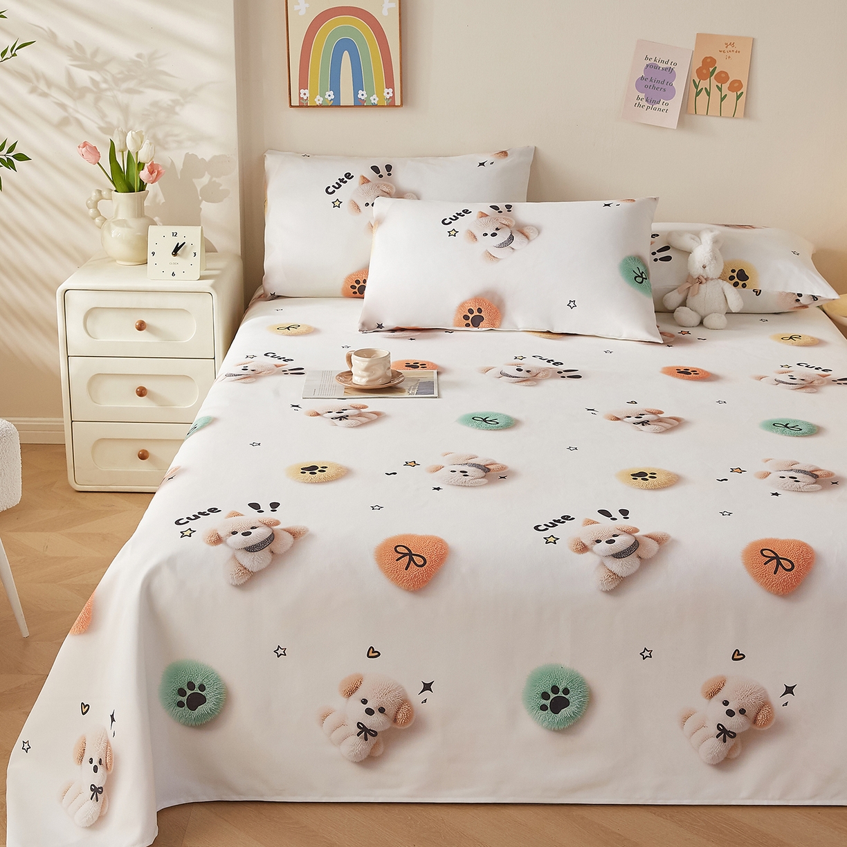 91家纺网 家纺一手货源 找家纺 奇丝雅 2026新款数码印花5D加厚老粗布床单单件双人家用特厚被单三件套学生宿舍床单凉席 小可爱