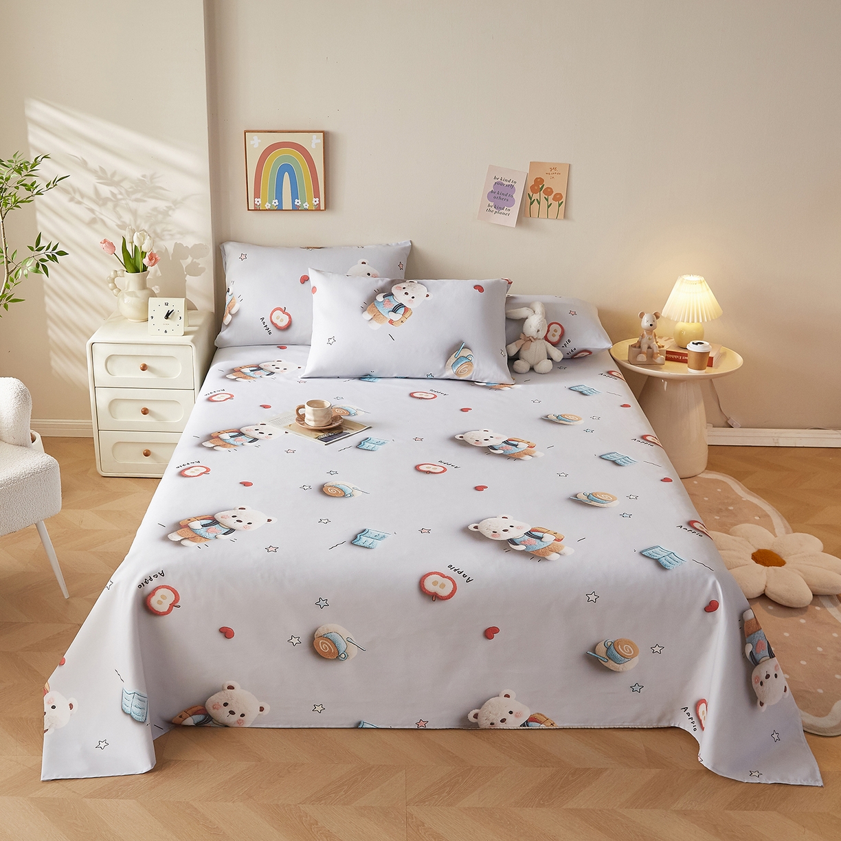 91家纺网 家纺一手货源 找家纺 奇丝雅 2026新款数码印花5D加厚老粗布床单单件双人家用特厚被单三件套学生宿舍床单凉席 学士熊