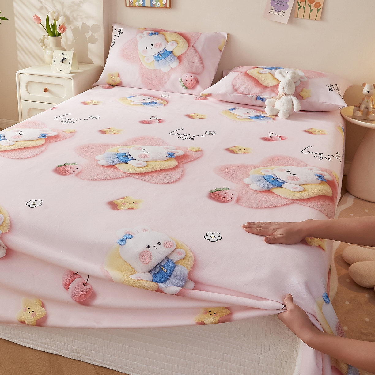 91家纺网 家纺一手货源 找家纺 奇丝雅 2026新款数码印花5D加厚老粗布床单单件双人家用特厚被单三件套学生宿舍床单凉席 甜心兔语