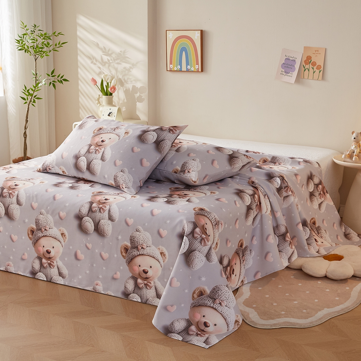 91家纺网 家纺一手货源 找家纺 奇丝雅 2026新款数码印花5D加厚老粗布床单单件双人家用特厚被单三件套学生宿舍床单凉席 哈尼熊