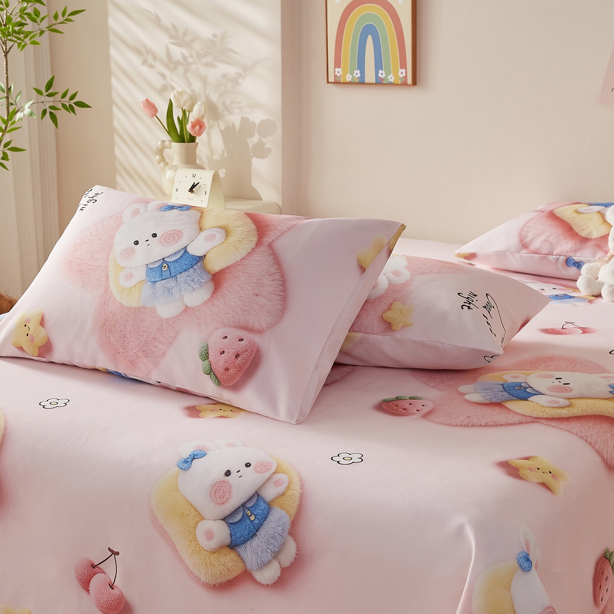 91家纺网 家纺一手货源 找家纺 奇丝雅 2026新款数码印花5D加厚老粗布床单单件双人家用特厚被单三件套学生宿舍床单凉席 甜心兔语