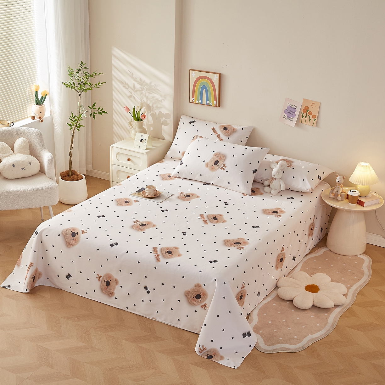 91家纺网 家纺一手货源 找家纺 奇丝雅 2026新款数码印花5D加厚老粗布床单单件双人家用特厚被单三件套学生宿舍床单凉席 欢乐熊