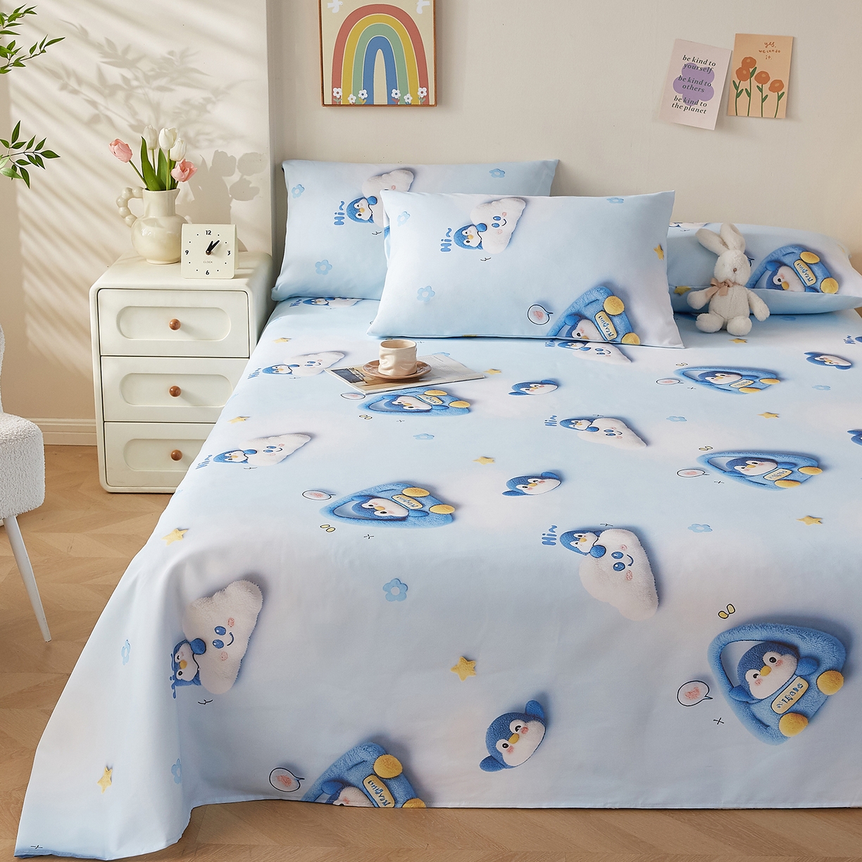 91家纺网 家纺一手货源 找家纺 奇丝雅 2026新款数码印花5D加厚老粗布床单单件双人家用特厚被单三件套学生宿舍床单凉席 星眠企鹅