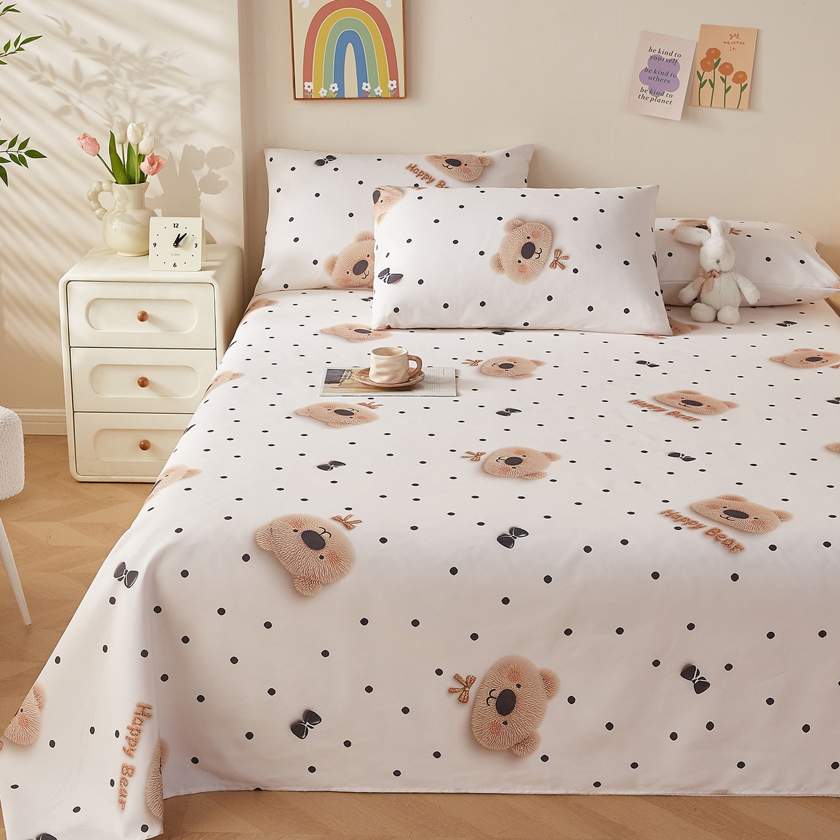 91家纺网 家纺一手货源 找家纺 奇丝雅 2026新款数码印花5D加厚老粗布床单单件双人家用特厚被单三件套学生宿舍床单凉席 欢乐熊