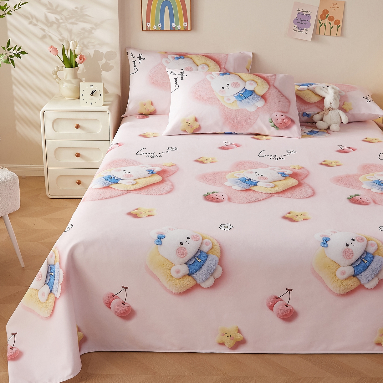 91家纺网 家纺一手货源 找家纺 奇丝雅 2026新款数码印花5D加厚老粗布床单单件双人家用特厚被单三件套学生宿舍床单凉席 甜心兔语