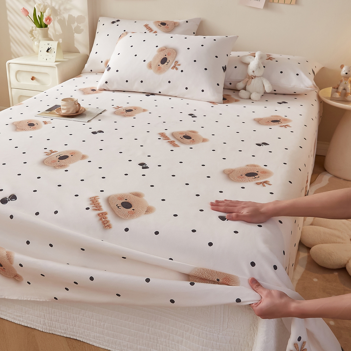 91家纺网 家纺一手货源 找家纺 奇丝雅 2026新款数码印花5D加厚老粗布床单单件双人家用特厚被单三件套学生宿舍床单凉席 欢乐熊