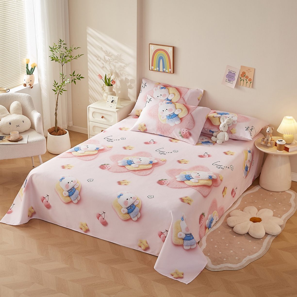 91家纺网 家纺一手货源 找家纺 奇丝雅 2026新款数码印花5D加厚老粗布床单单件双人家用特厚被单三件套学生宿舍床单凉席 甜心兔语