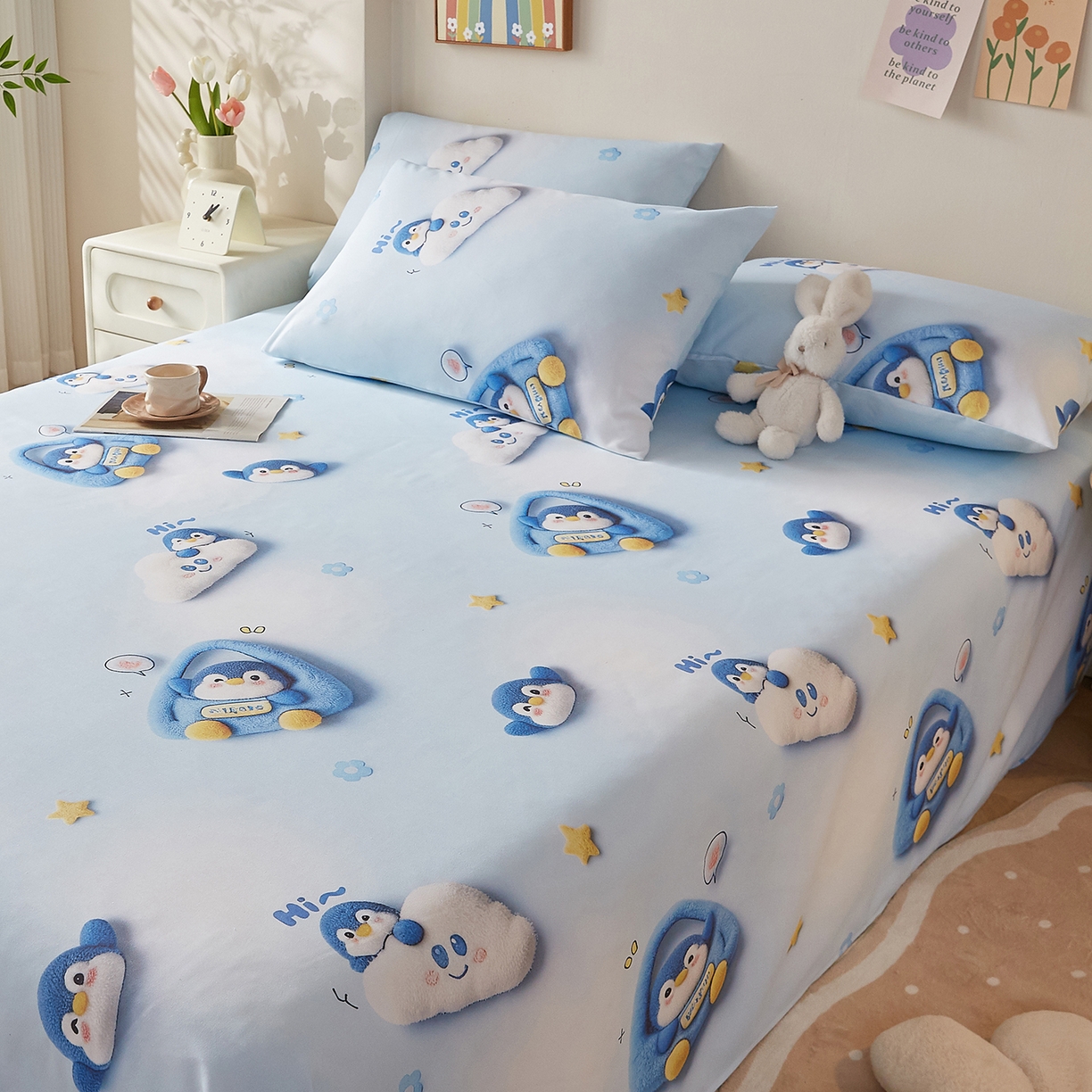 91家纺网 家纺一手货源 找家纺 奇丝雅 2026新款数码印花5D加厚老粗布床单单件双人家用特厚被单三件套学生宿舍床单凉席 星眠企鹅