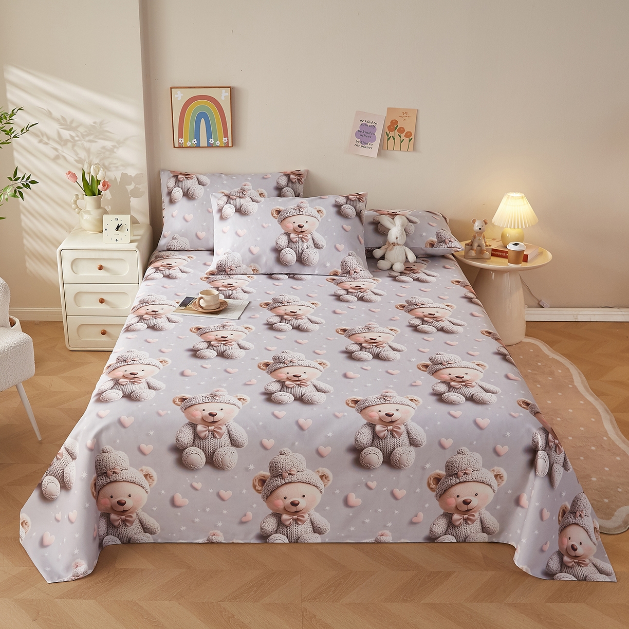 91家纺网 家纺一手货源 找家纺 奇丝雅 2026新款数码印花5D加厚老粗布床单单件双人家用特厚被单三件套学生宿舍床单凉席 哈尼熊