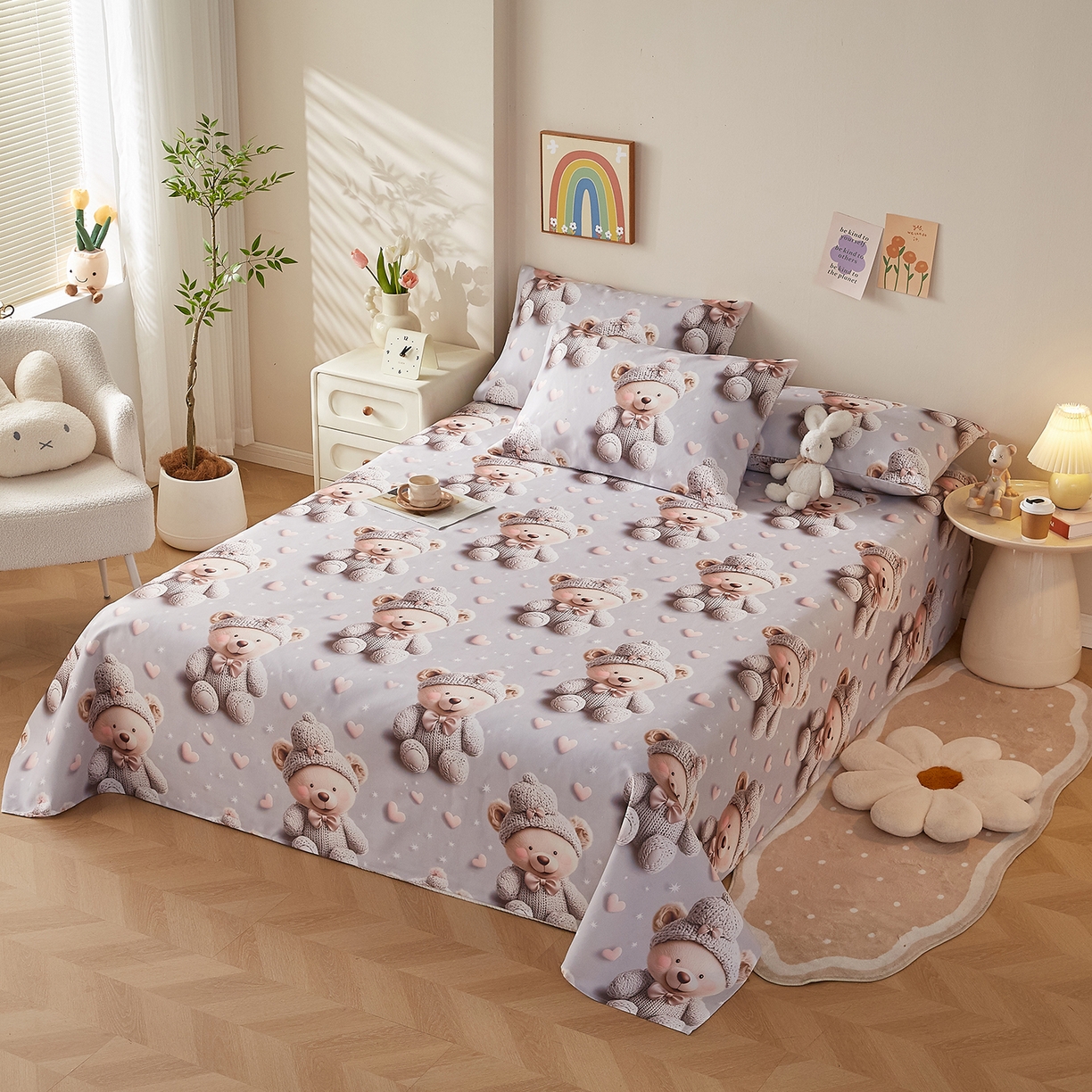 91家纺网 家纺一手货源 找家纺 奇丝雅 2026新款数码印花5D加厚老粗布床单单件双人家用特厚被单三件套学生宿舍床单凉席 哈尼熊