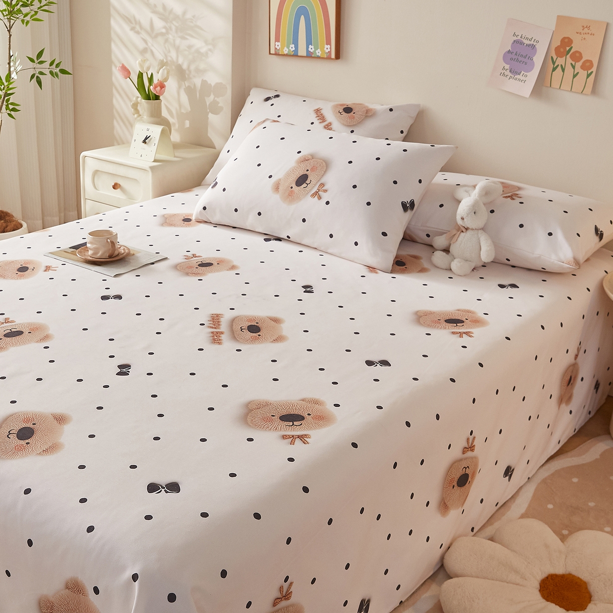 91家纺网 家纺一手货源 找家纺 奇丝雅 2026新款数码印花5D加厚老粗布床单单件双人家用特厚被单三件套学生宿舍床单凉席 欢乐熊