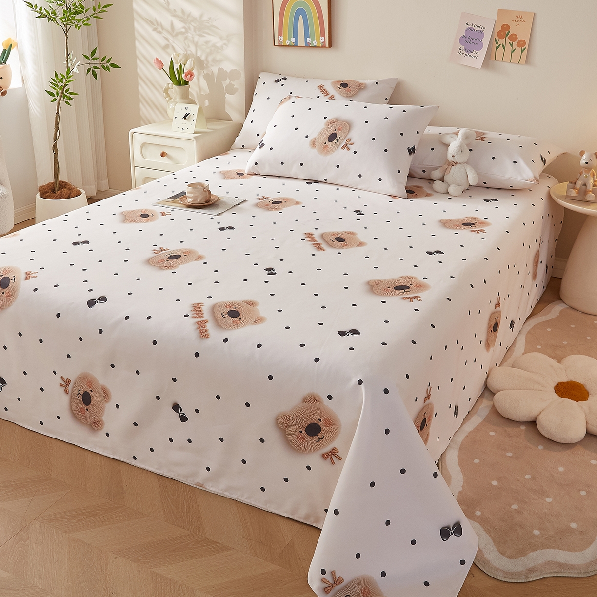 91家纺网 家纺一手货源 找家纺 奇丝雅 2026新款数码印花5D加厚老粗布床单单件双人家用特厚被单三件套学生宿舍床单凉席 欢乐熊