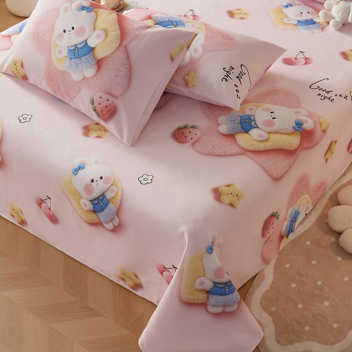 91家纺网 家纺一手货源 找家纺 奇丝雅 2026新款数码印花5D加厚老粗布床单单件双人家用特厚被单三件套学生宿舍床单凉席 甜心兔语