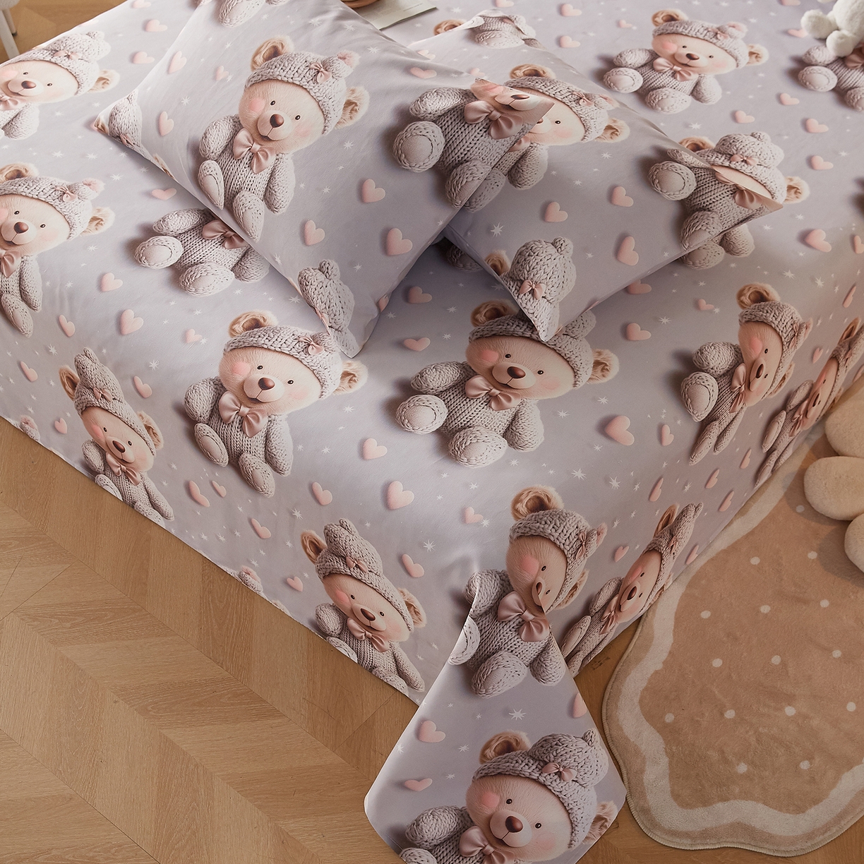 91家纺网 家纺一手货源 找家纺 奇丝雅 2026新款数码印花5D加厚老粗布床单单件双人家用特厚被单三件套学生宿舍床单凉席 哈尼熊