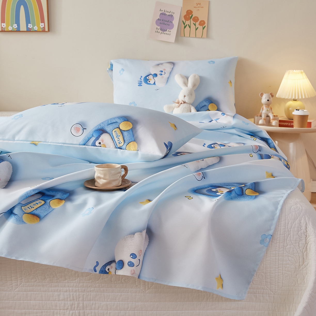 91家纺网 家纺一手货源 找家纺 奇丝雅 2026新款数码印花5D加厚老粗布床单单件双人家用特厚被单三件套学生宿舍床单凉席 星眠企鹅