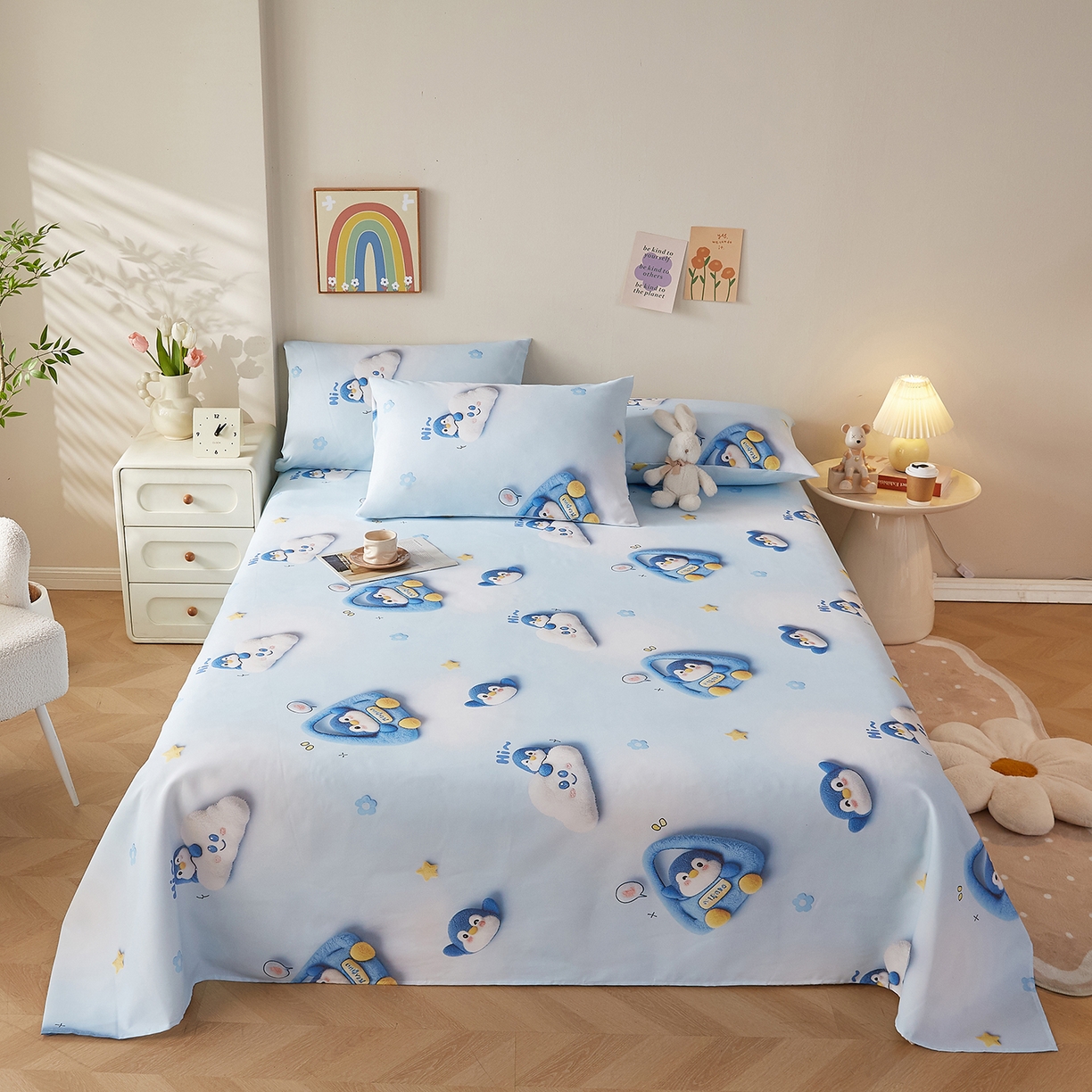 91家纺网 家纺一手货源 找家纺 奇丝雅 2026新款数码印花5D加厚老粗布床单单件双人家用特厚被单三件套学生宿舍床单凉席 星眠企鹅