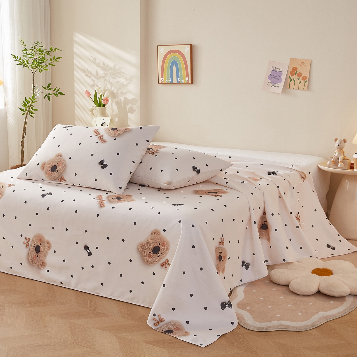 91家纺网 家纺一手货源 找家纺 奇丝雅 2026新款数码印花5D加厚老粗布床单单件双人家用特厚被单三件套学生宿舍床单凉席 欢乐熊