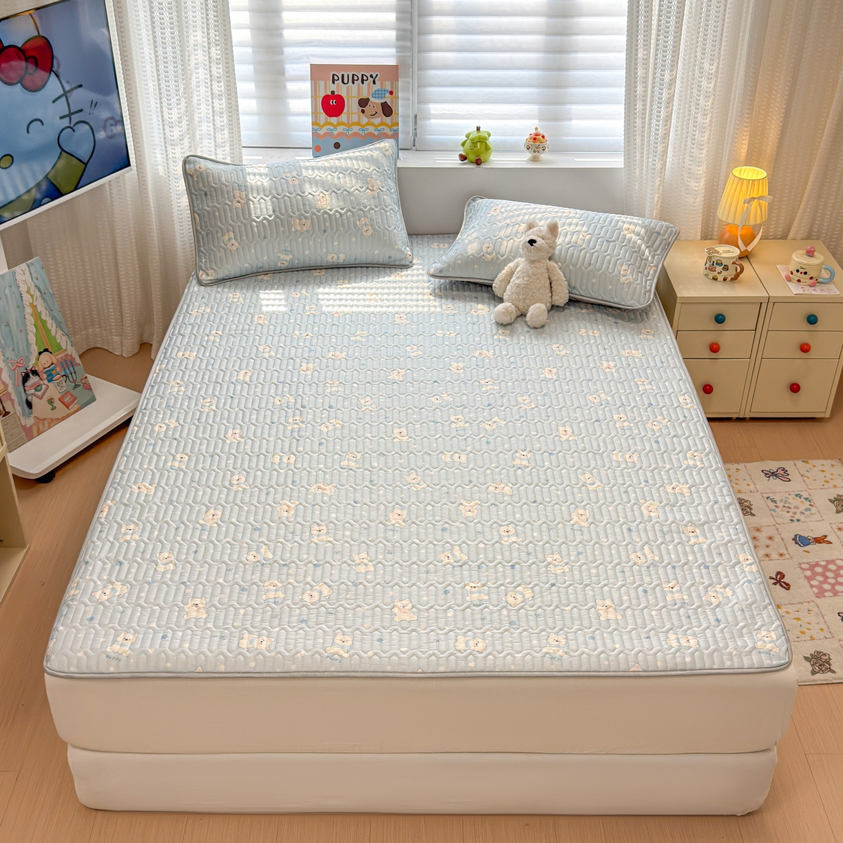 91家纺网 家纺一手货源 找家纺 慕尚家纺 2026新款乳胶凉席夏被空调被夏凉被套装组合 糯米狗