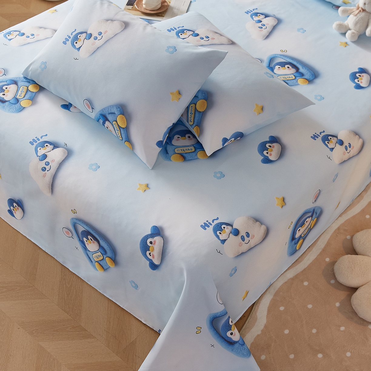 91家纺网 家纺一手货源 找家纺 奇丝雅 2026新款数码印花5D加厚老粗布床单单件双人家用特厚被单三件套学生宿舍床单凉席 星眠企鹅