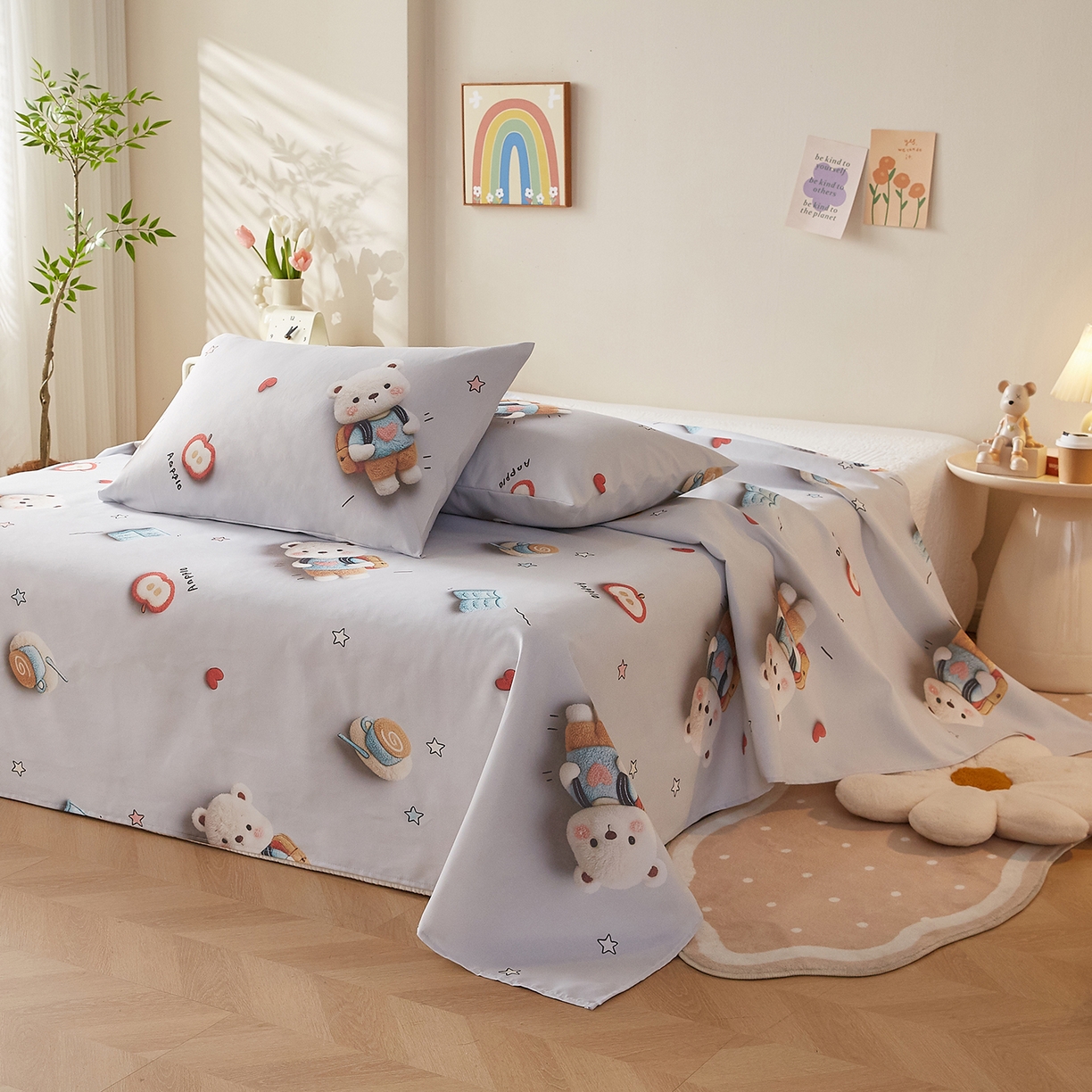 91家纺网 家纺一手货源 找家纺 奇丝雅 2026新款数码印花5D加厚老粗布床单单件双人家用特厚被单三件套学生宿舍床单凉席 学士熊