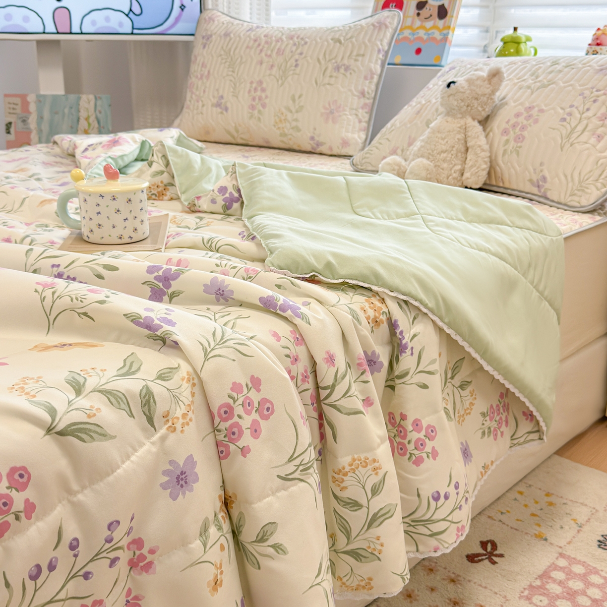 91家纺网 家纺一手货源 找家纺 慕尚家纺 2026新款乳胶凉席夏被空调被夏凉被套装组合 水仙花