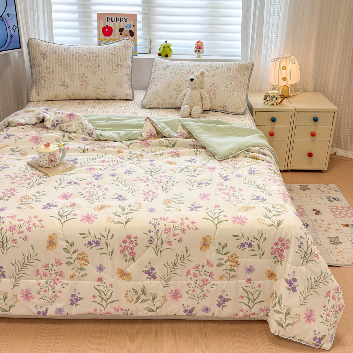 91家纺网 家纺一手货源 找家纺 慕尚家纺 2026新款乳胶凉席夏被空调被夏凉被套装组合 水仙花