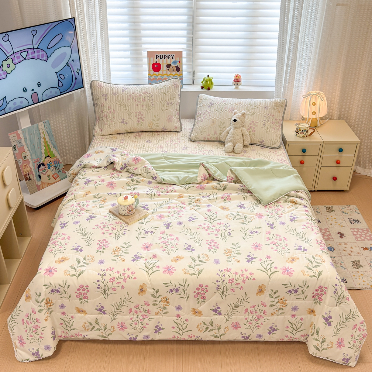 91家纺网 家纺一手货源 找家纺 慕尚家纺 2026新款乳胶凉席夏被空调被夏凉被套装组合 水仙花