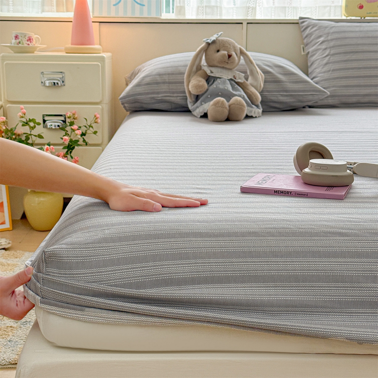 名兮家居 2026春夏新款A类全棉纯棉老粗布床笠 床笠单件 条纹灰