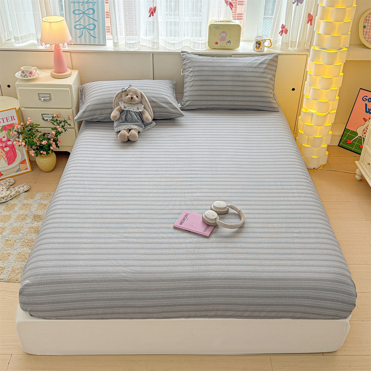 91家纺网 家纺一手货源 找家纺 名兮家居 2026春夏新款A类全棉纯棉老粗布床笠 床笠单件 条纹灰