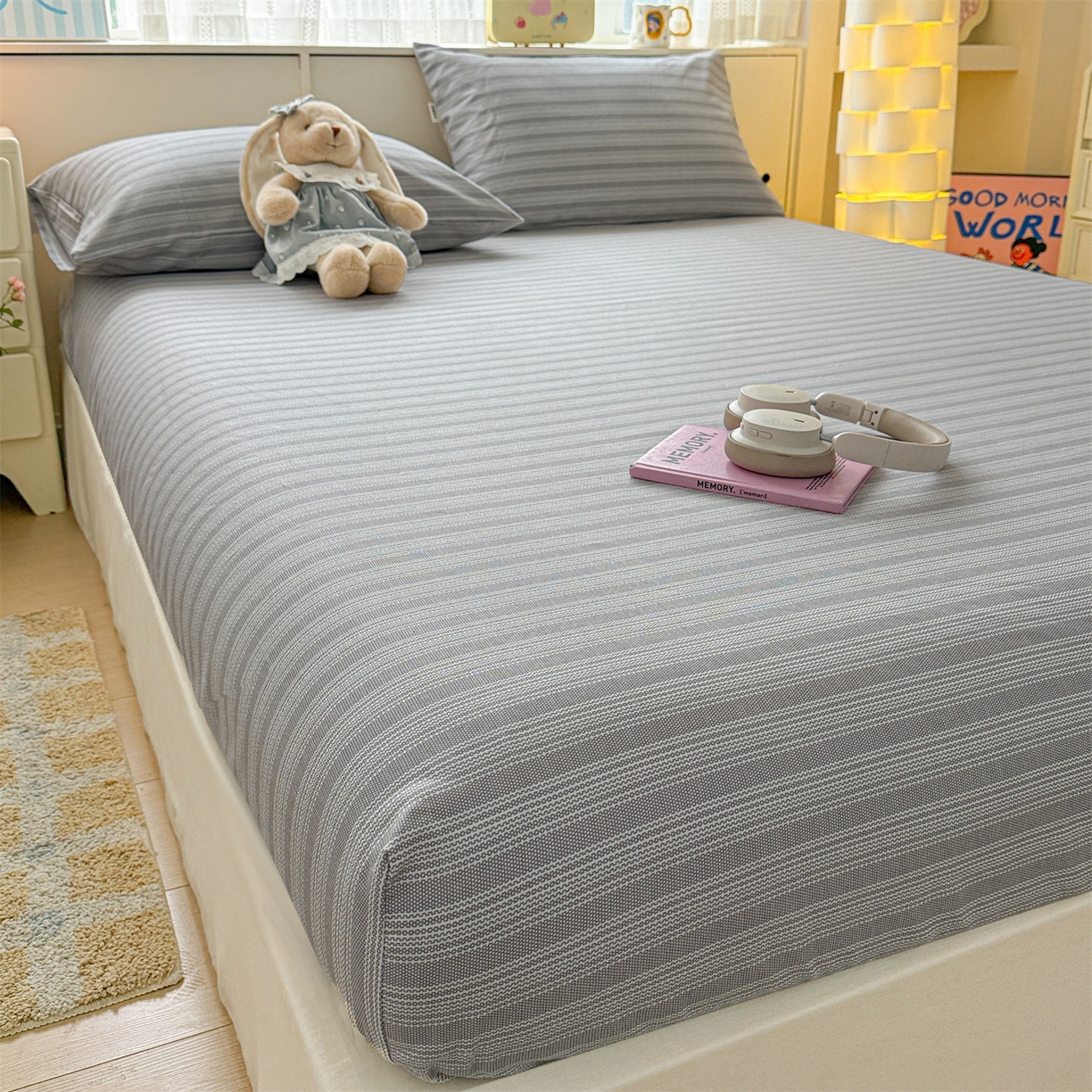 91家纺网 家纺一手货源 找家纺 名兮家居 2026春夏新款A类全棉纯棉老粗布床笠 床笠单件 条纹灰