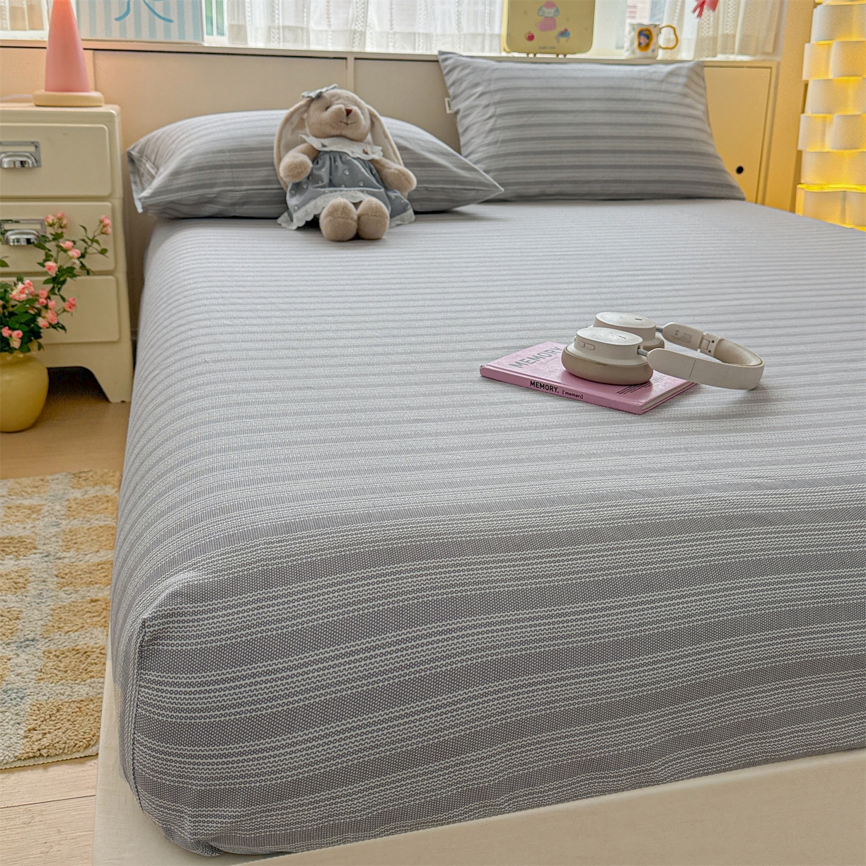 91家纺网 家纺一手货源 找家纺 名兮家居 2026春夏新款A类全棉纯棉老粗布床笠 床笠单件 条纹灰