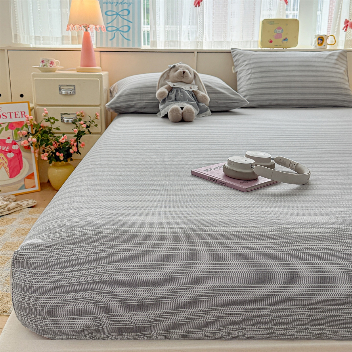 91家纺网 家纺一手货源 找家纺 名兮家居 2026春夏新款A类全棉纯棉老粗布床笠 床笠单件 条纹灰