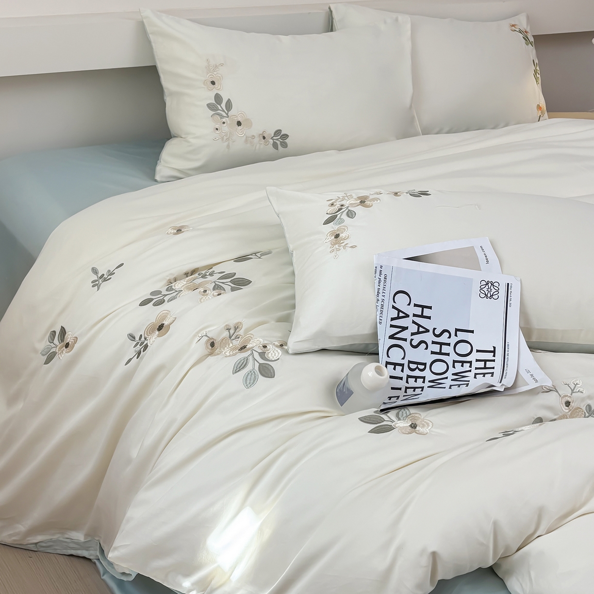 91家纺网 家纺一手货源 找家纺 合欢（原天一阁） 2026春夏新款50s双股长绒棉100支刺绣全棉纯棉四件套礼盒装 清欢-流苏白+蓝