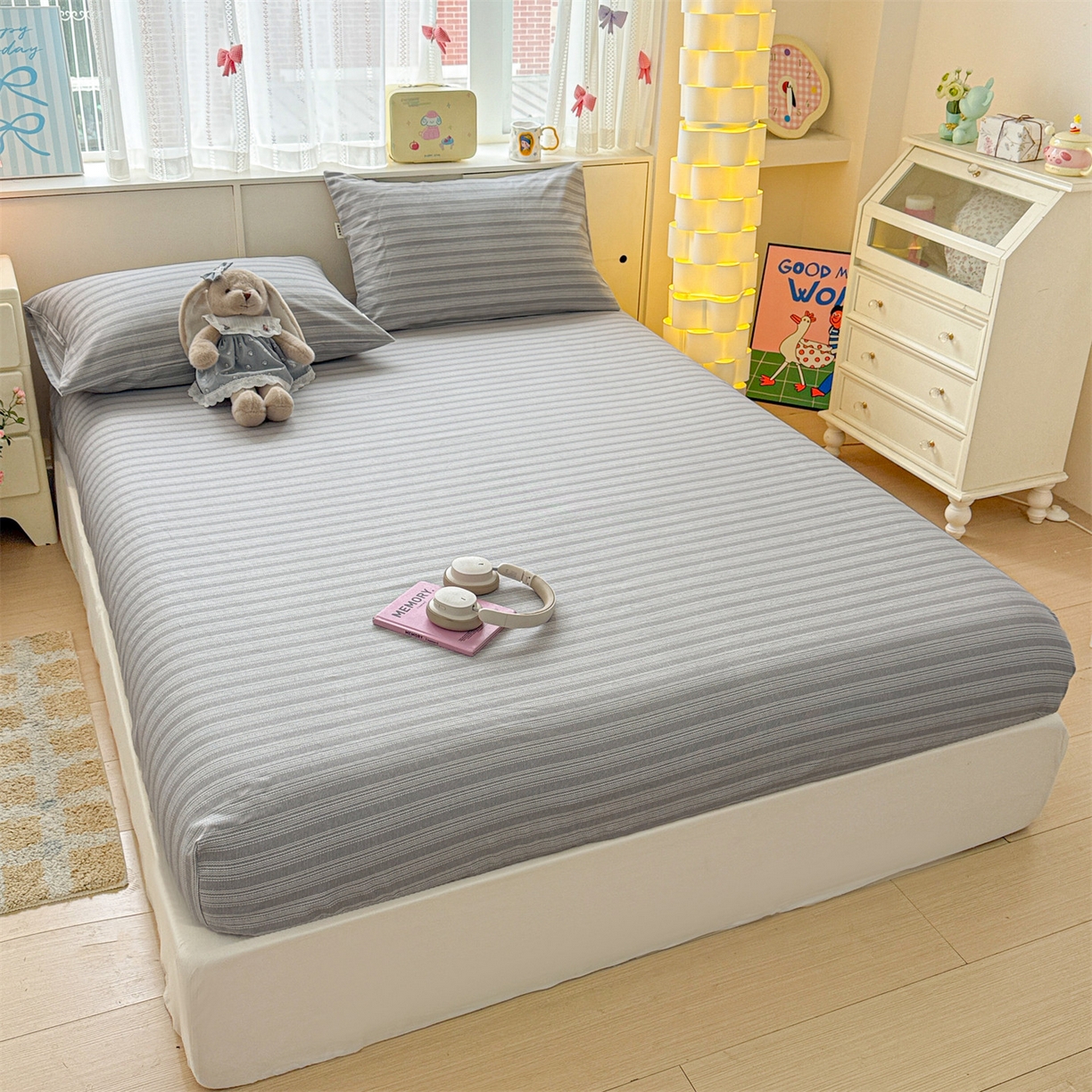 91家纺网 家纺一手货源 找家纺 名兮家居 2026春夏新款A类全棉纯棉老粗布床笠 床笠单件 条纹灰