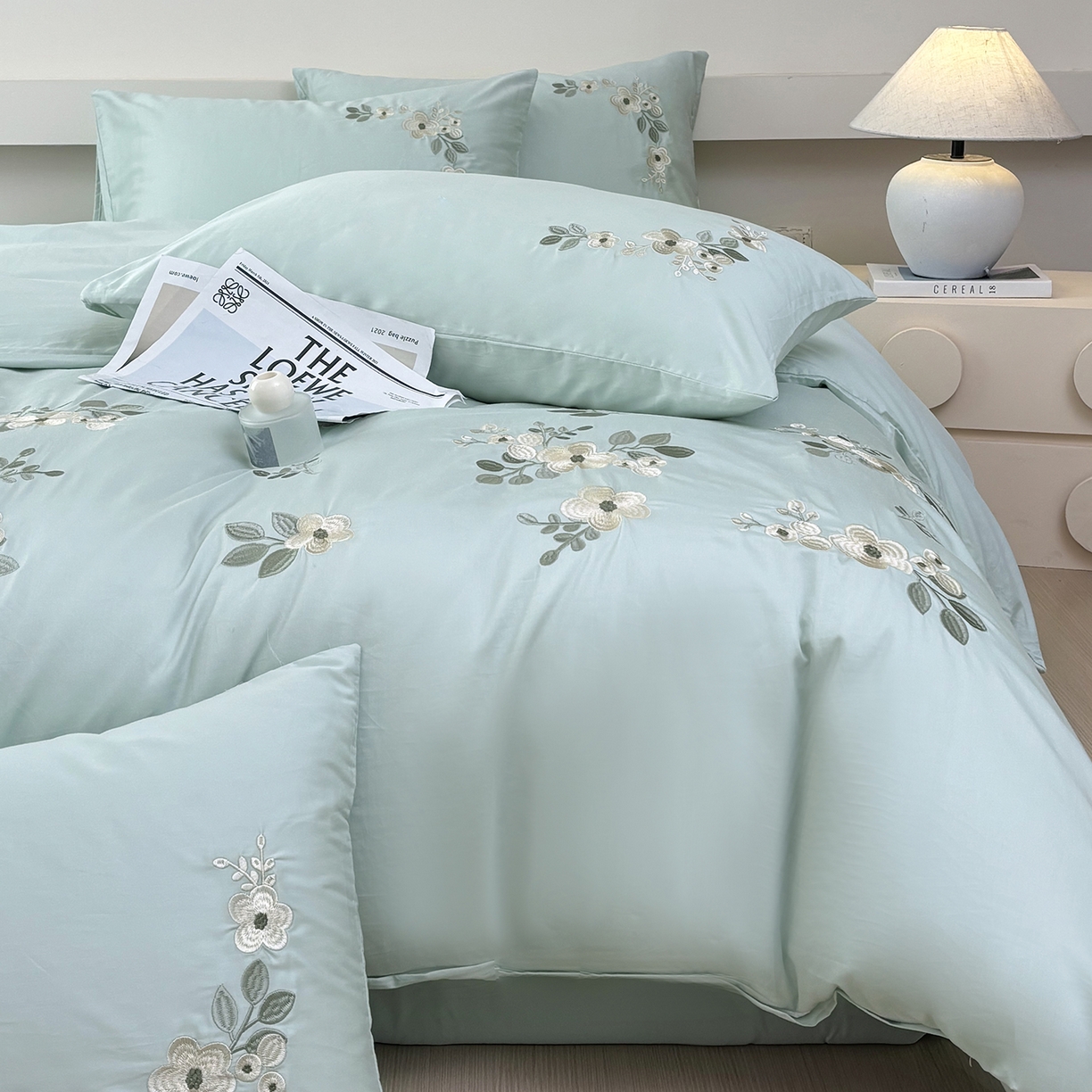 91家纺网 家纺一手货源 找家纺 合欢（原天一阁） 2026春夏新款50s双股长绒棉100支刺绣全棉纯棉四件套礼盒装 清欢-青柠绿