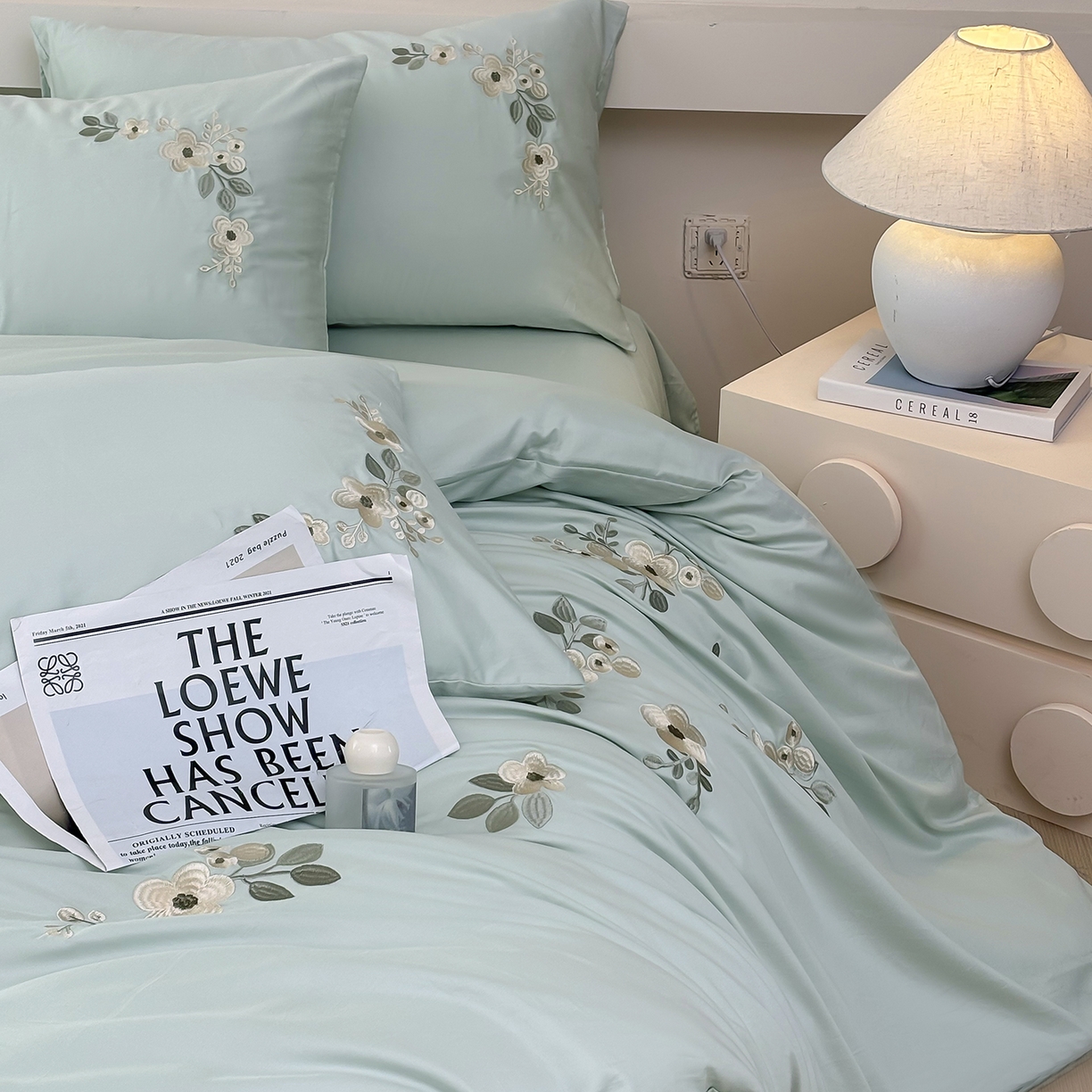 91家纺网 家纺一手货源 找家纺 合欢（原天一阁） 2026春夏新款50s双股长绒棉100支刺绣全棉纯棉四件套礼盒装 清欢-青柠绿