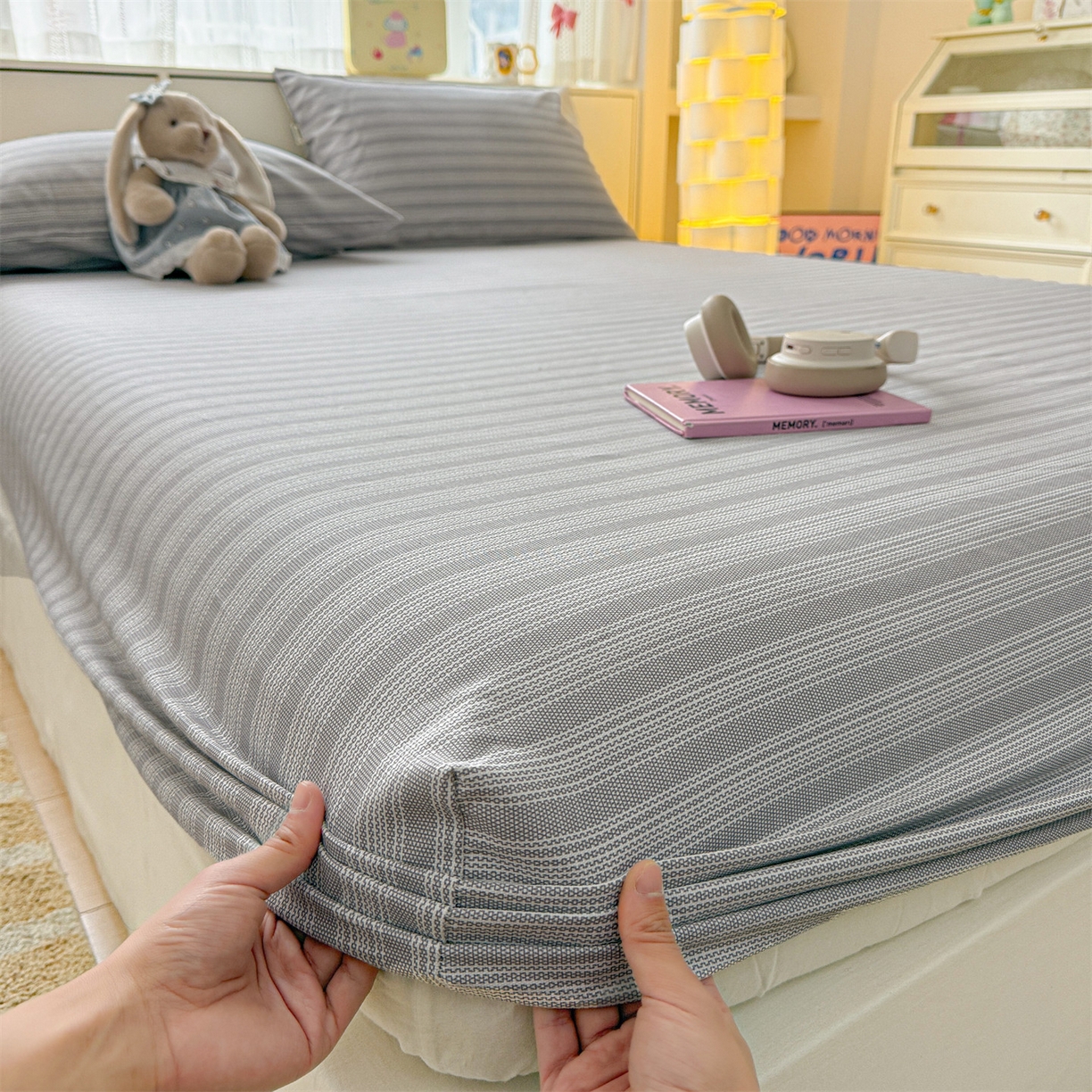 91家纺网 家纺一手货源 找家纺 名兮家居 2026春夏新款A类全棉纯棉老粗布床笠 床笠单件 条纹灰