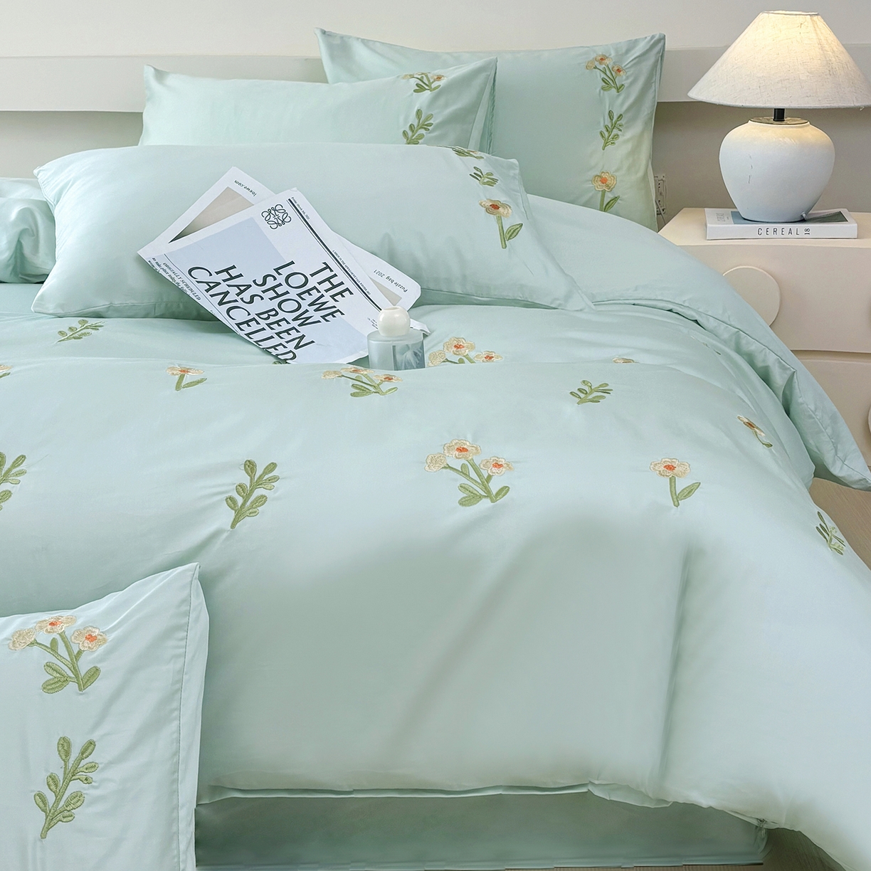 91家纺网 家纺一手货源 找家纺 合欢（原天一阁） 2026春夏新款50s双股长绒棉100支刺绣全棉纯棉四件套礼盒装 花颜-青柠绿