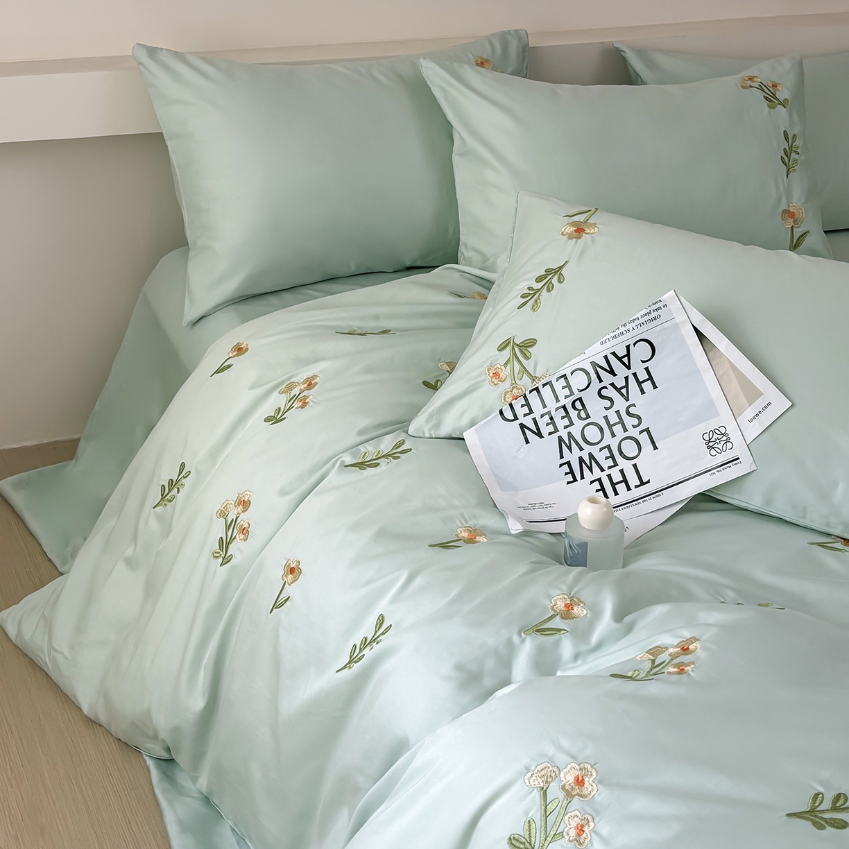 91家纺网 家纺一手货源 找家纺 合欢（原天一阁） 2026春夏新款50s双股长绒棉100支刺绣全棉纯棉四件套礼盒装 花颜-青柠绿