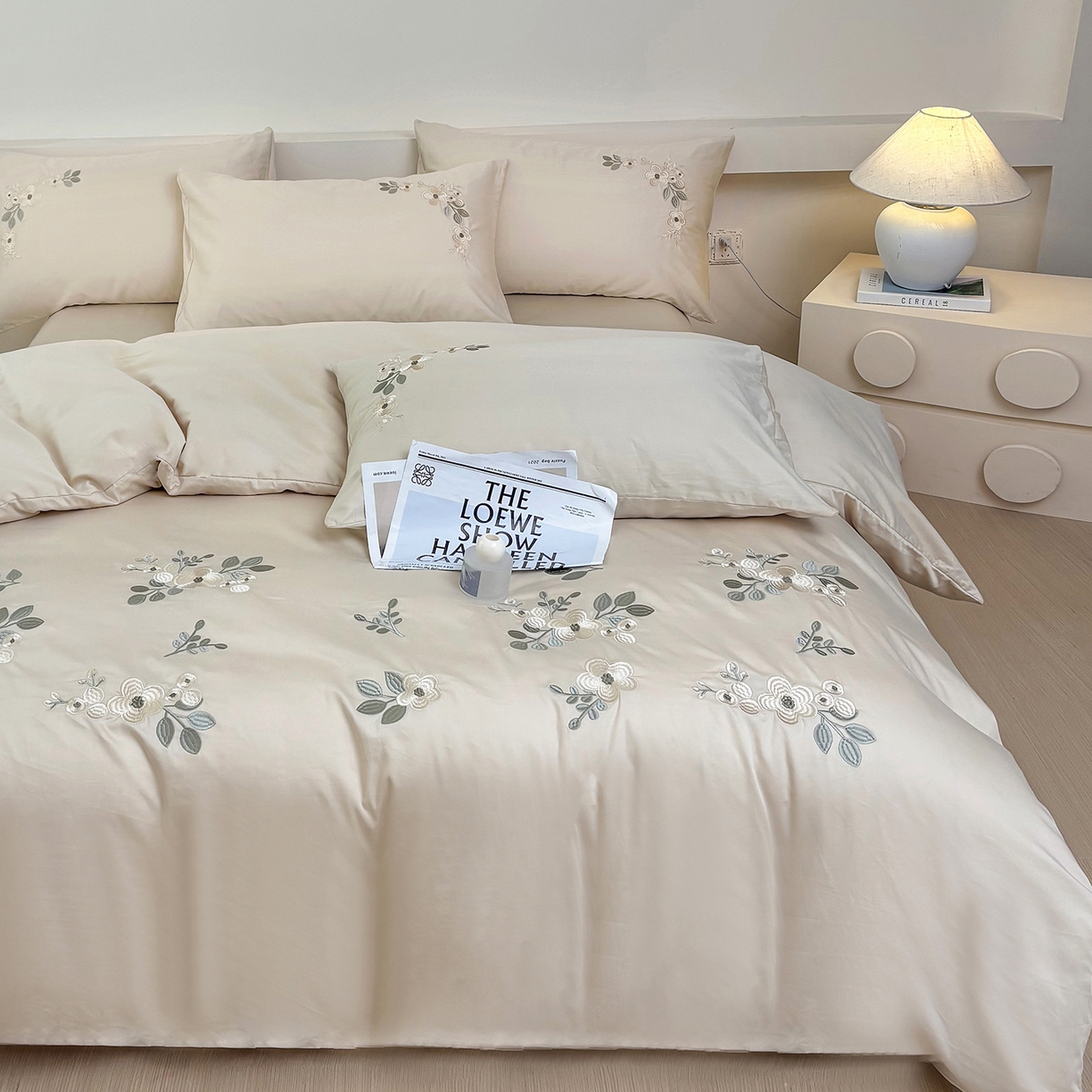 合欢（原天一阁） 2026春夏新款50s双股长绒棉100支刺绣全棉纯棉四件套礼盒装 清欢-香槟金