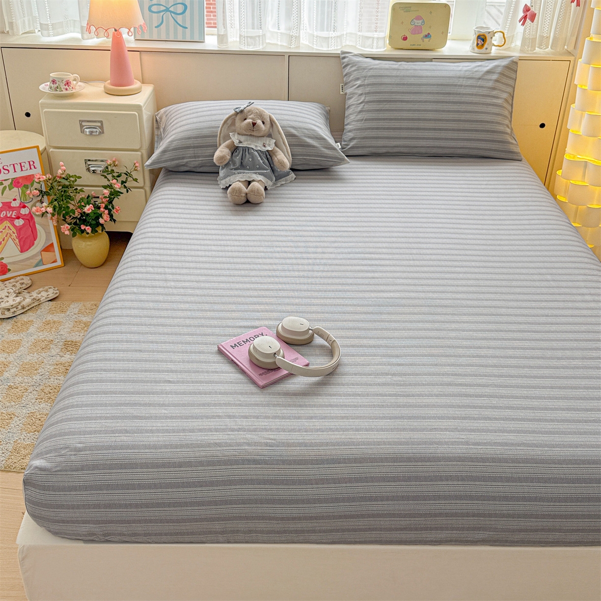 91家纺网 家纺一手货源 找家纺 名兮家居 2026春夏新款A类全棉纯棉老粗布床笠 床笠单件 条纹灰