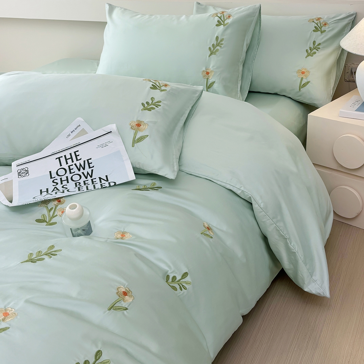 91家纺网 家纺一手货源 找家纺 合欢（原天一阁） 2026春夏新款50s双股长绒棉100支刺绣全棉纯棉四件套礼盒装 花颜-青柠绿